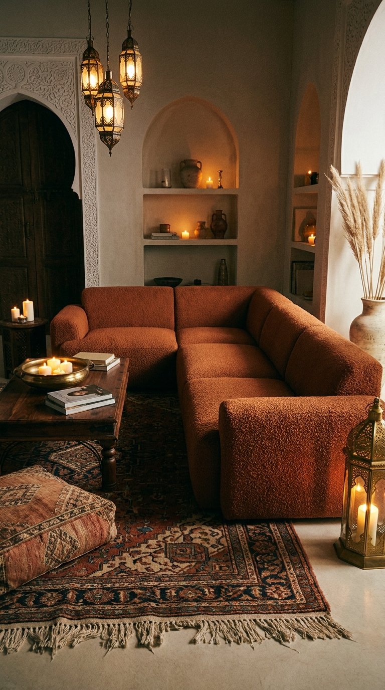 Canapé d’angle rouille dans un salon sombre éclairé par lanternes et bougies