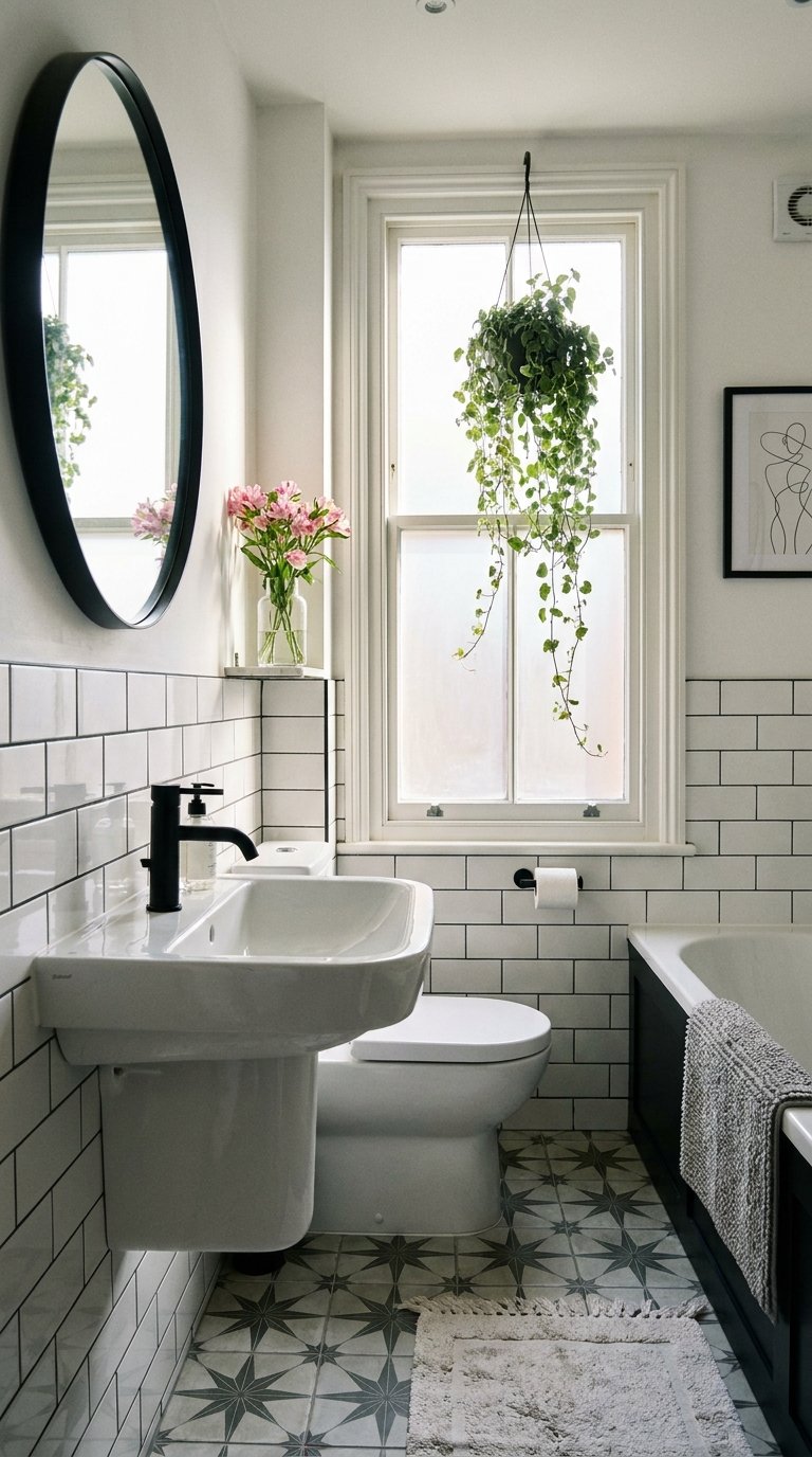 Petite salle de bain blanche avec vasque compacte, baignoire, carreaux métro et sol étoilé