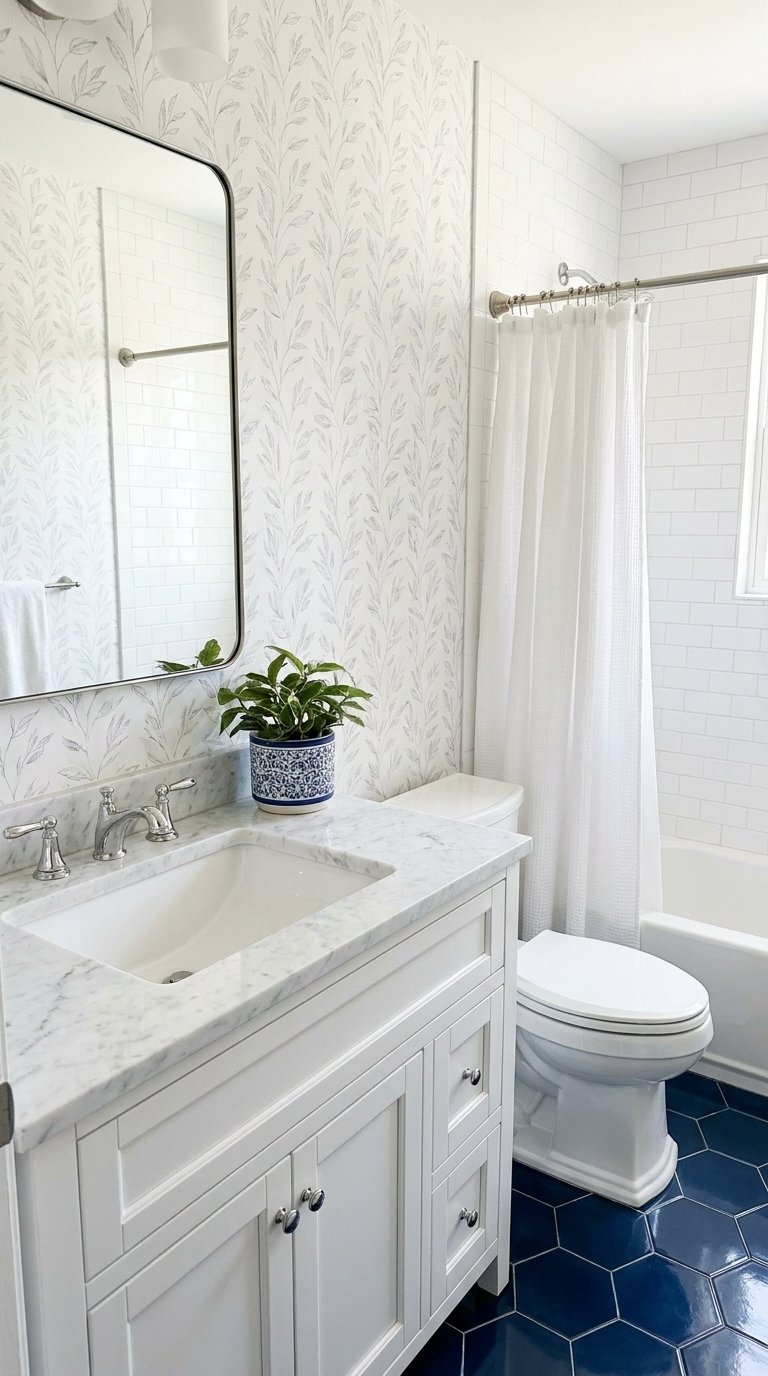 Petite salle de bain avec papier peint végétal, meuble blanc à plan en marbre et sol bleu hexagonal
