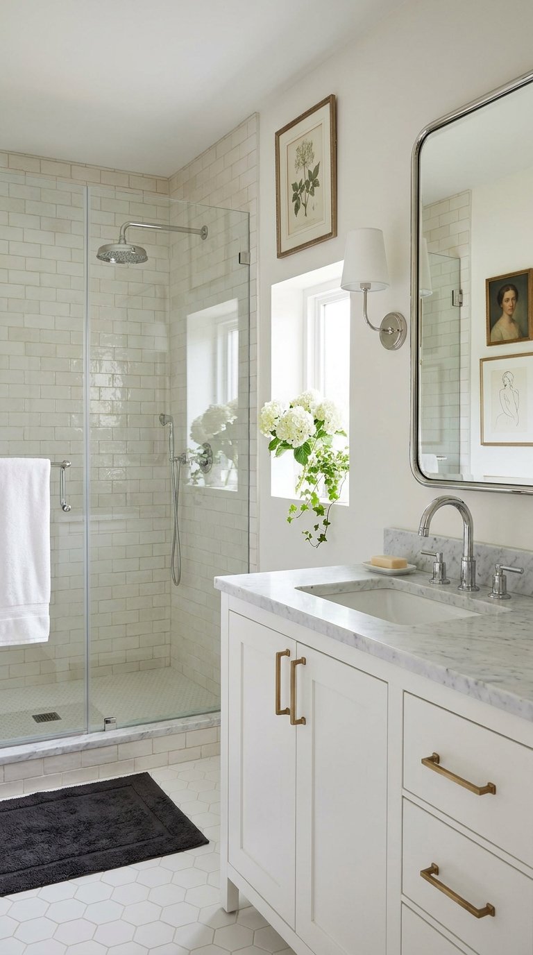 Petite salle de bain claire avec douche vitrée, meuble blanc et miroir aux angles arrondis