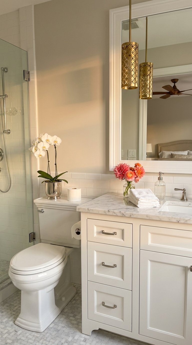Petite salle de bain blanche avec douche vitrée, meuble classique et suspensions dorées