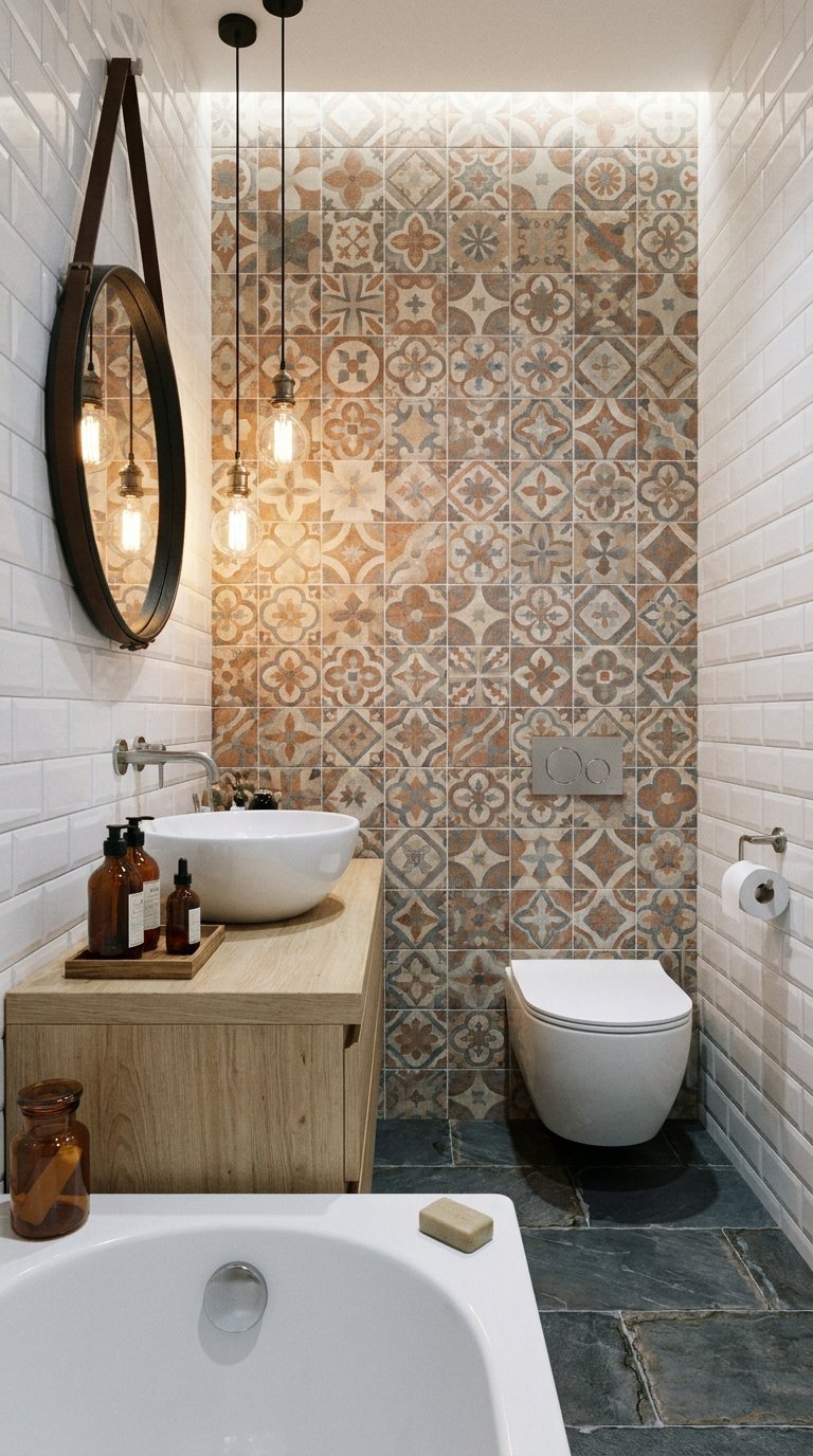 Salle de bain étroite avec carreaux patchwork, vasque ronde et toilettes suspendues