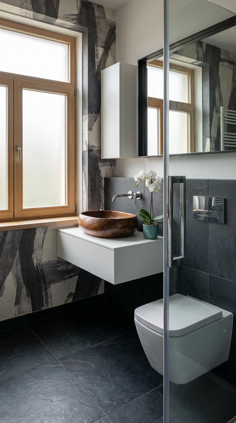 Petite salle de bain sombre avec douche vitrée, meuble suspendu et vasque en bois