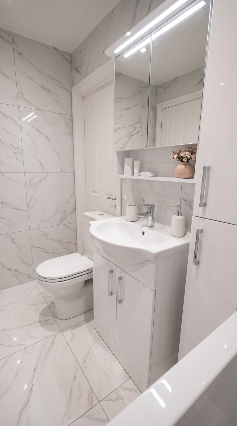 Petite salle de bain en marbre blanc avec baignoire, rangements miroir et niche murale