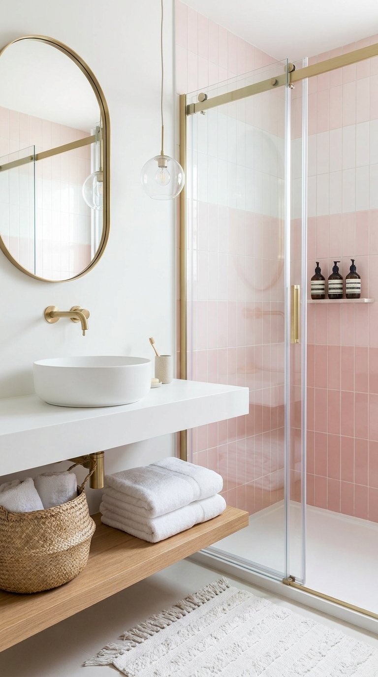 Petite salle de bain rose avec douche vitrée, vasque ronde et détails en laiton