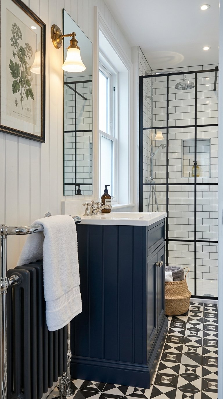 Salle de bain étroite avec meuble bleu nuit, douche noire et sol géométrique