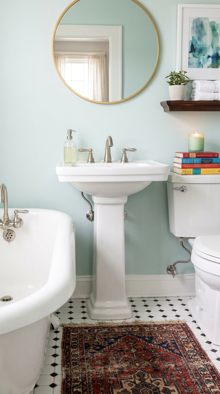 Petite salle de bain vert d’eau avec lavabo sur pied, baignoire et miroir doré