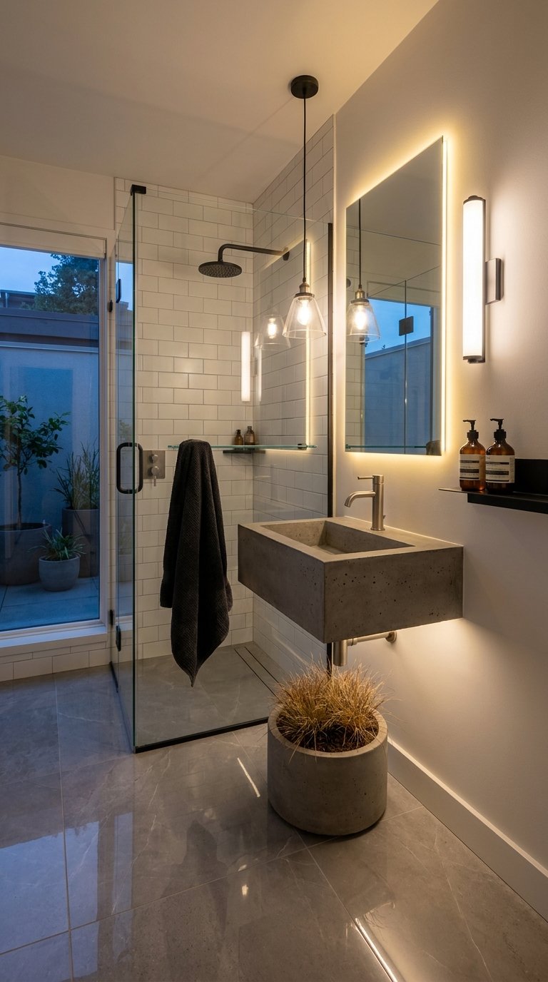 Petite salle de bain moderne avec douche vitrée, vasque en béton et miroir lumineux