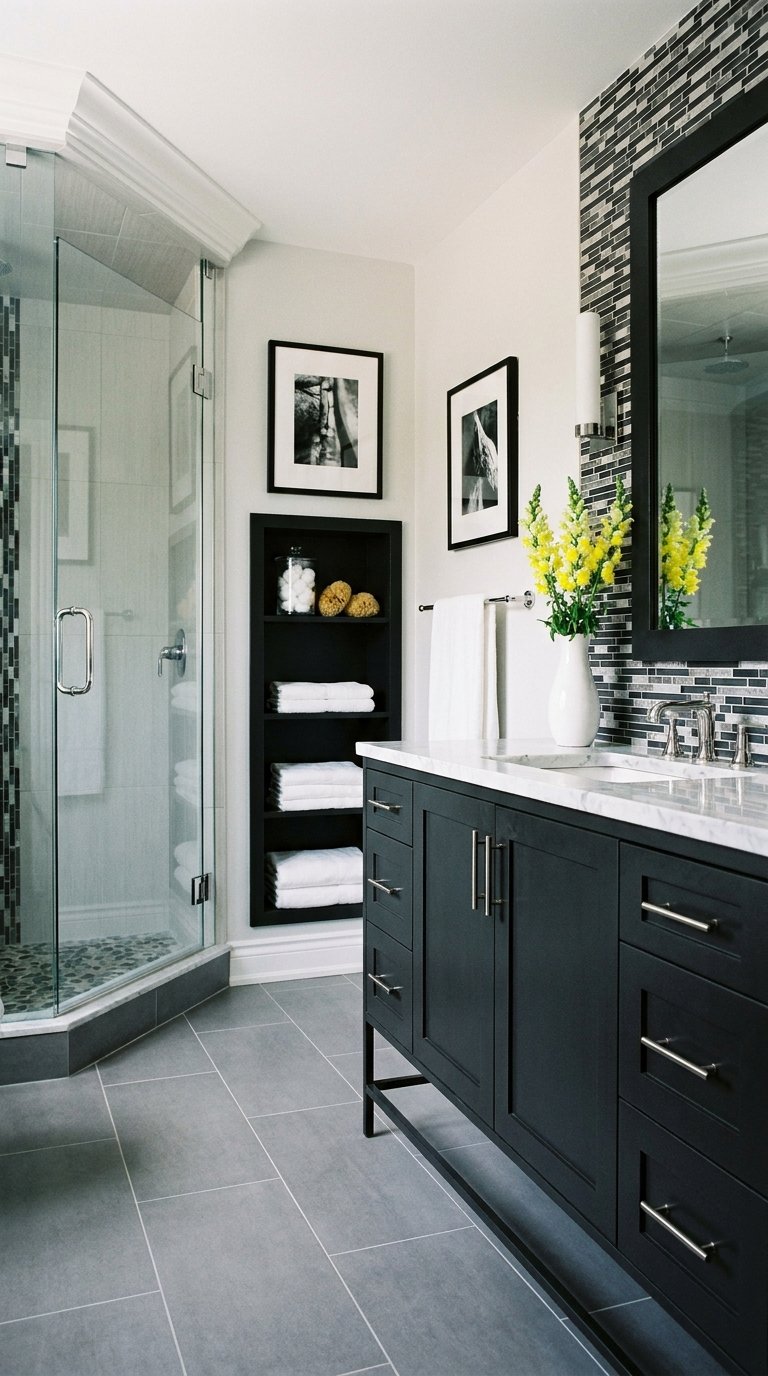 Petite salle de bain noire et blanche avec douche vitrée, grand meuble et niche à serviettes