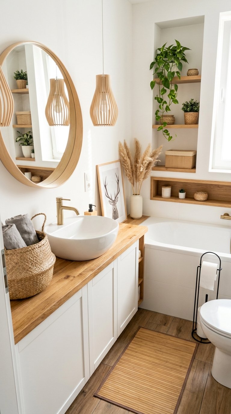 Petite salle de bain naturelle avec plan en bois, vasque ronde et étagères végétalisées