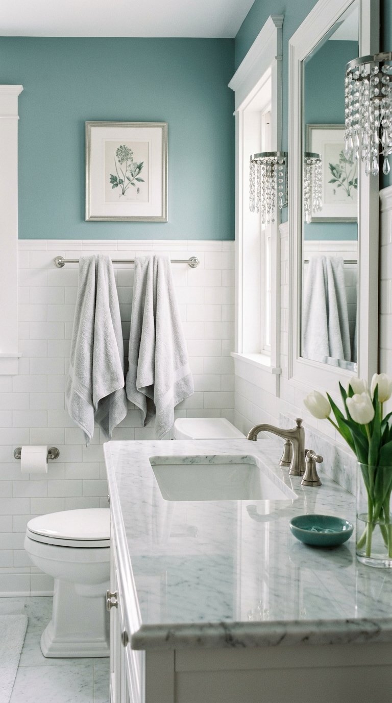Petite salle de bain bleu grisé avec carrelage blanc, plan en marbre et grand miroir
