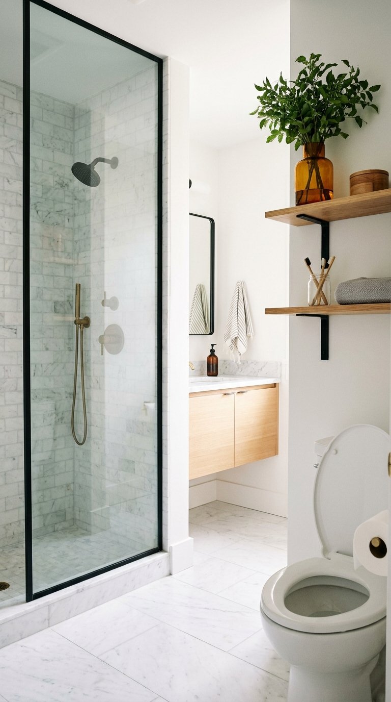 Petite salle de bain blanche avec douche noire, meuble suspendu en bois et étagères ouvertes