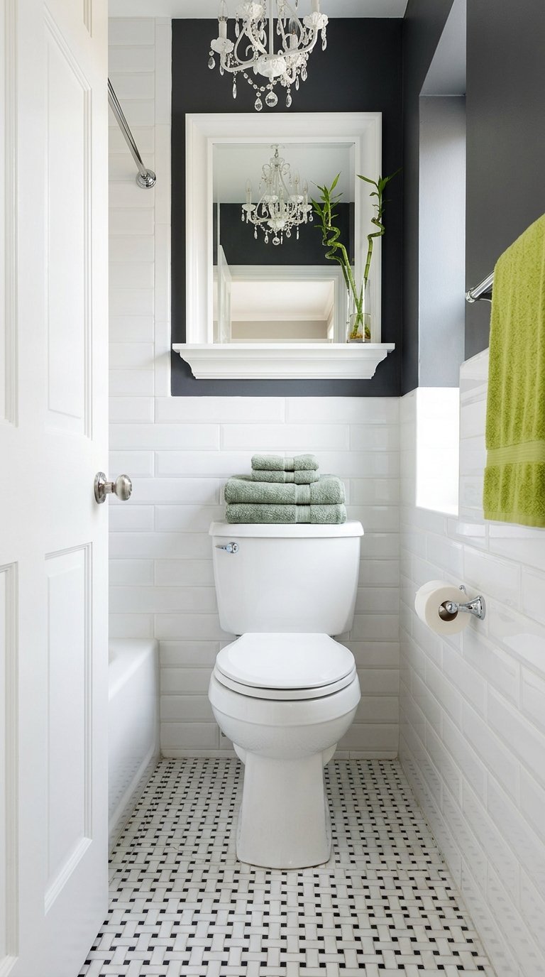 Salle de bain très étroite en noir et blanc avec toilettes, baignoire et lustre