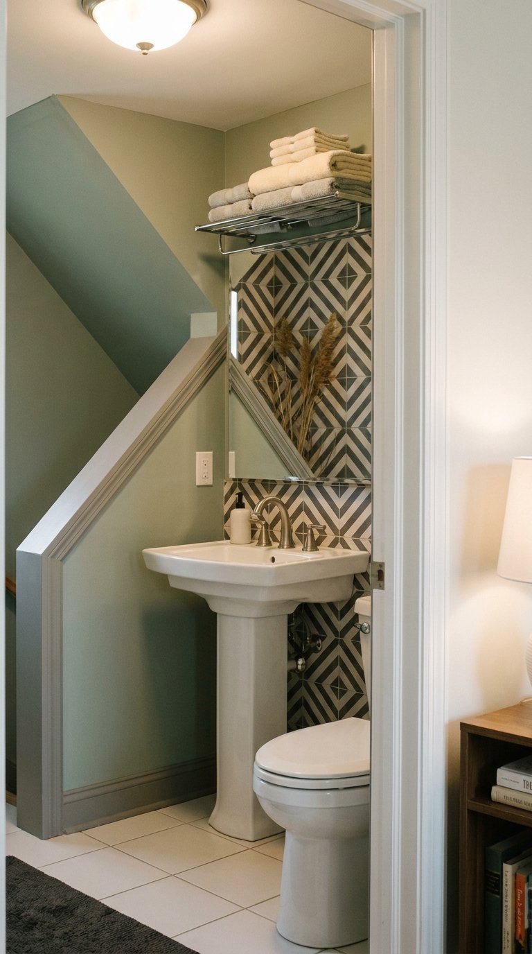Petite salle de bain sous escalier avec lavabo sur pied et carreaux géométriques