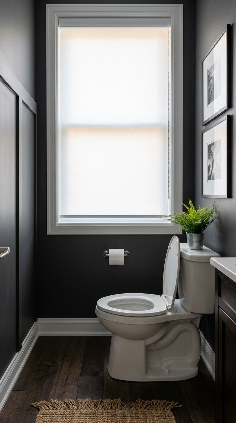 Petit cabinet de toilette anthracite avec toilettes, fenêtre dépolie et mini meuble vasque