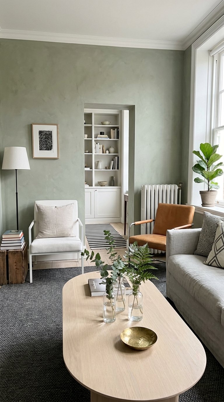 Salon lumineux avec grand tapis gris foncé, canapé clair et table basse en bois