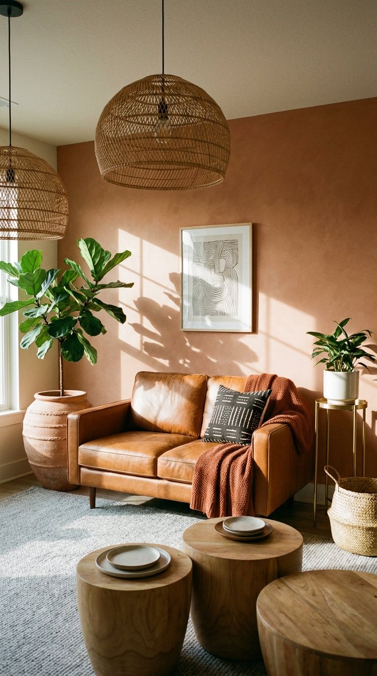 Petit salon terracotta avec canapé en cuir caramel et tapis gris clair