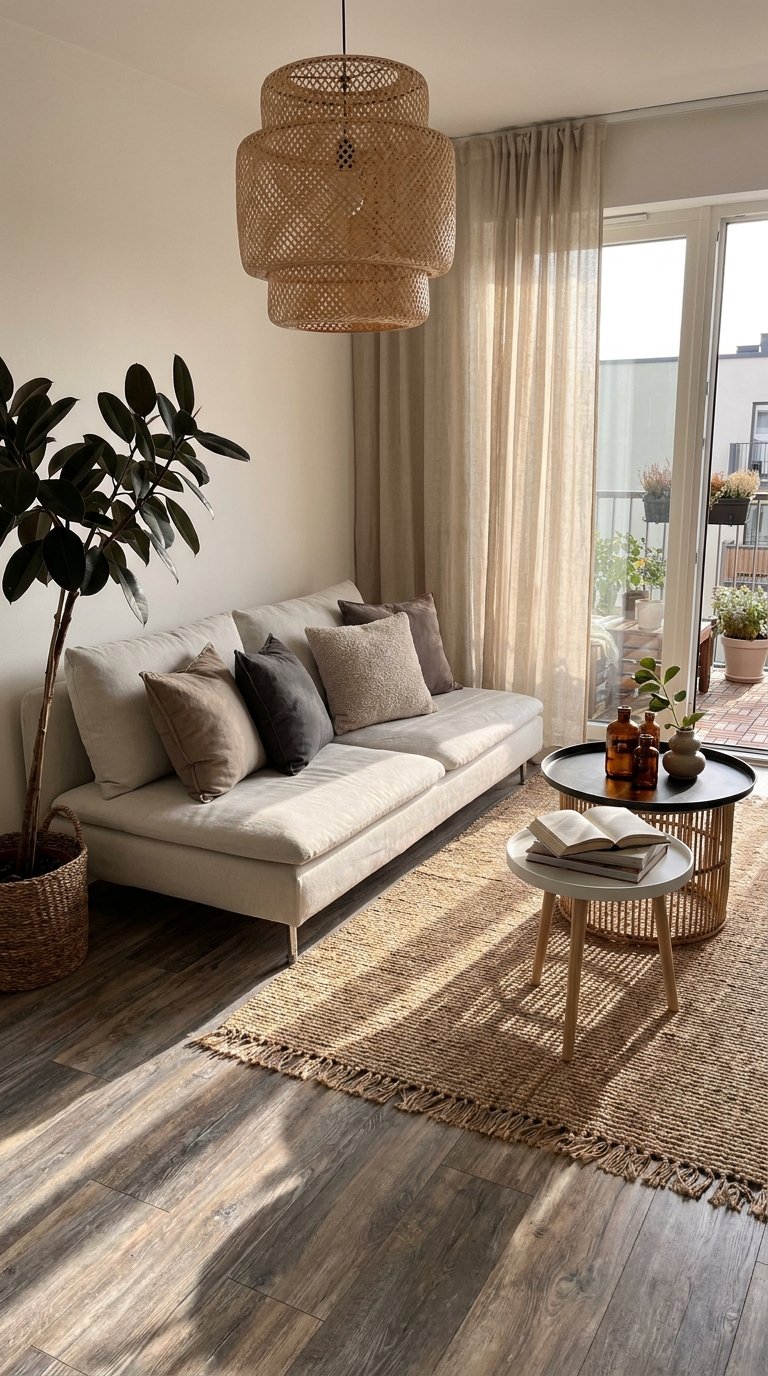 Salon beige ouvert sur un balcon avec tapis en fibres naturelles à franges