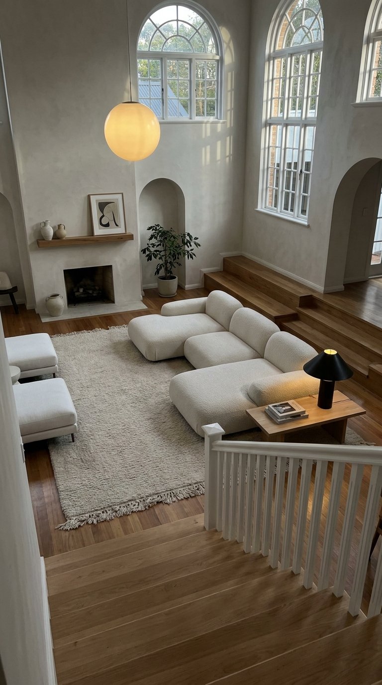 Grand salon à fenêtres cintrées avec canapé modulable blanc sur tapis épais écru