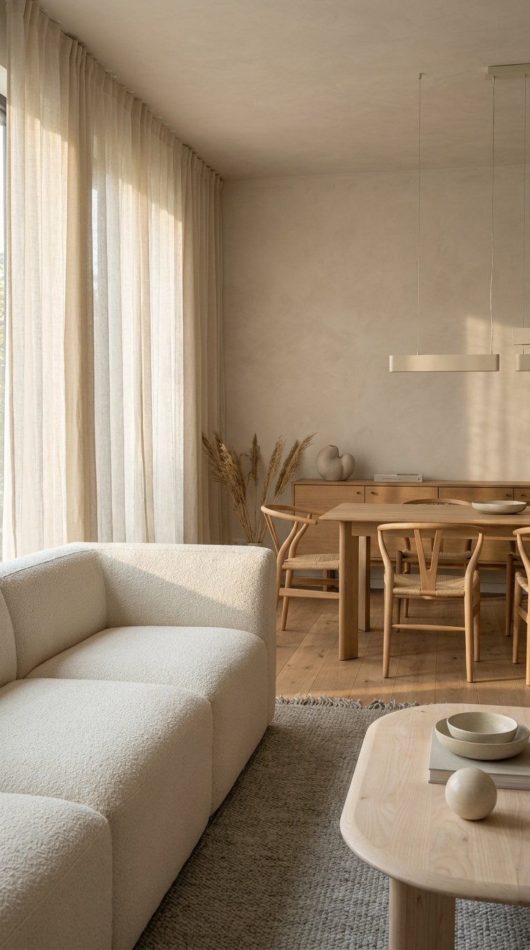 Salon salle à manger beige avec canapé bouclé et tapis gris taupe