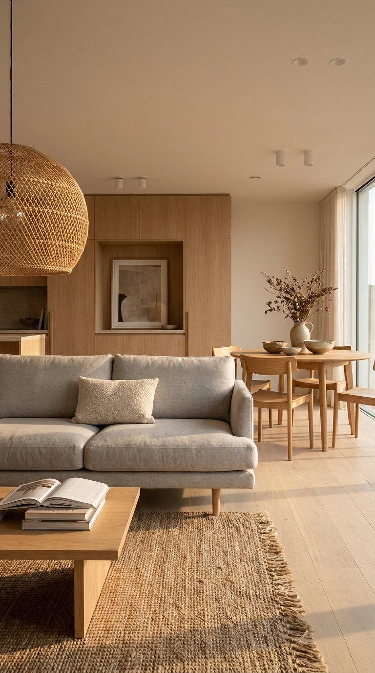 Salon contemporain en bois clair avec tapis brun tissé et frangé
