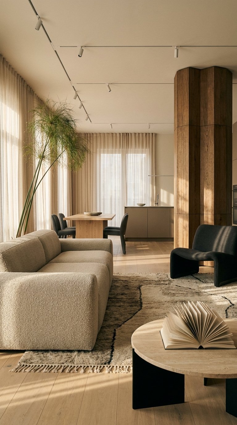 Salon contemporain avec canapé bouclé, fauteuil noir et tapis beige à lignes noires