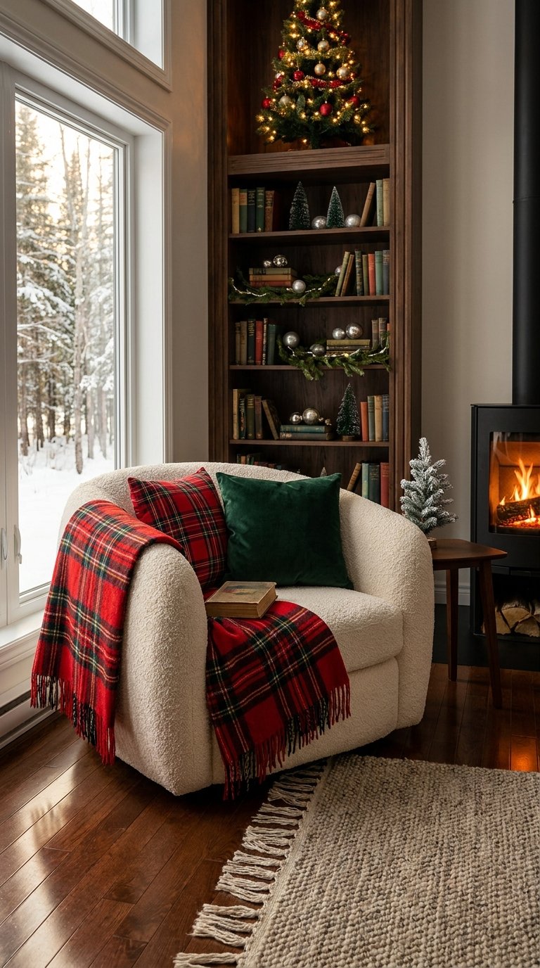 Fauteuil blanc près d’une cheminée avec petit tapis gris à franges et décor de Noël