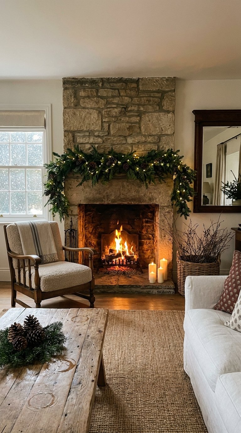 Salon rustique avec cheminée en pierre, tapis naturel et décoration de Noël
