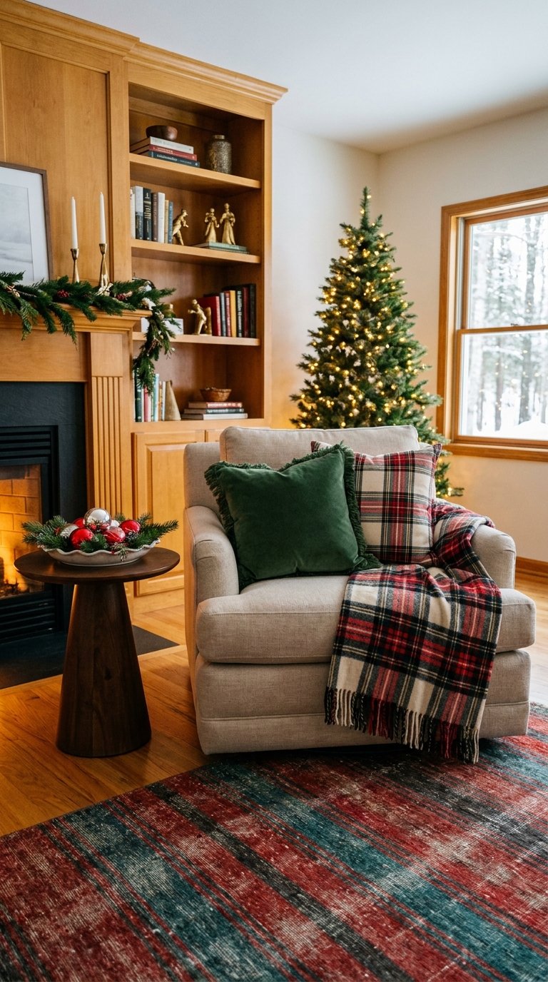 Fauteuil beige et sapin de Noël devant un tapis rayé rouge et vert