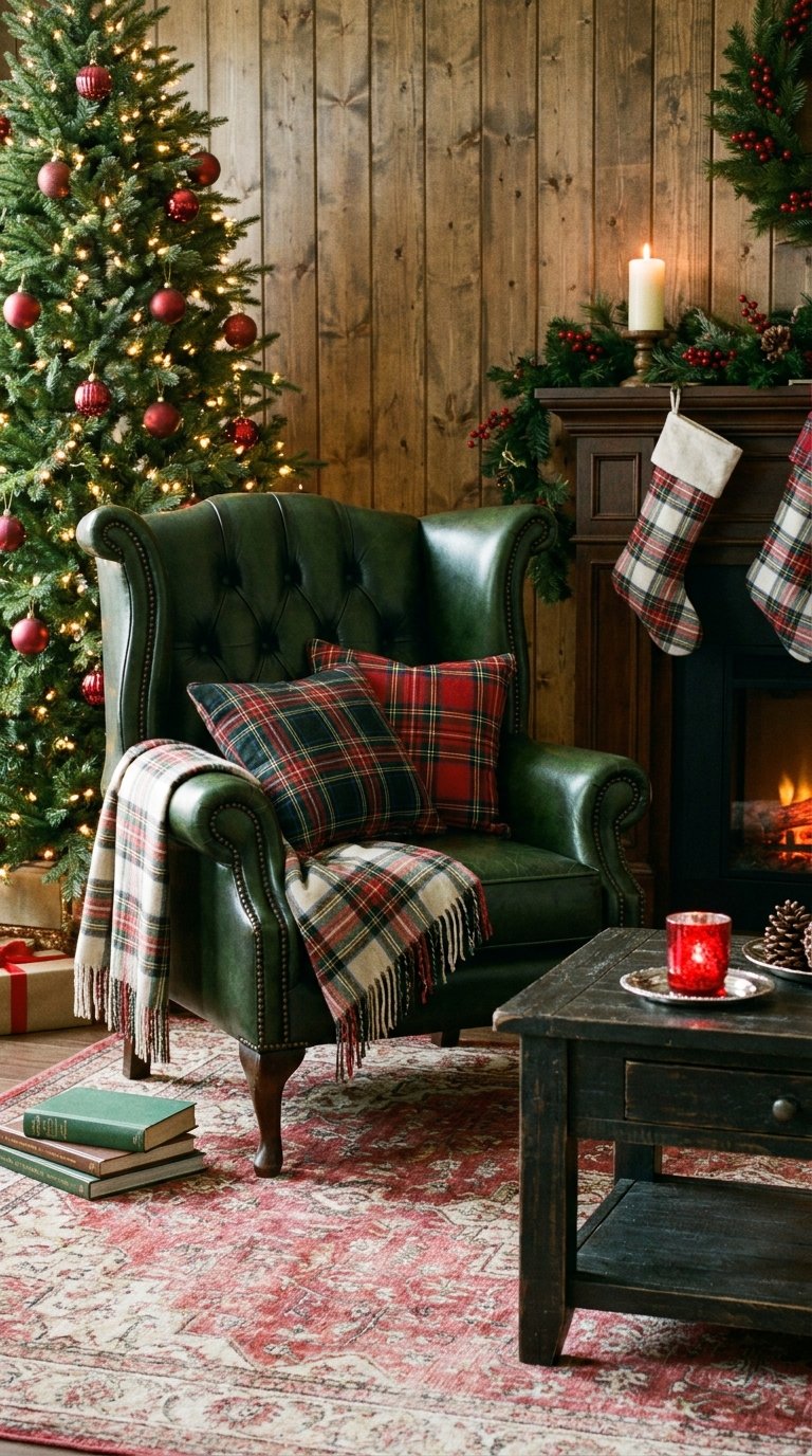 Fauteuil en cuir vert sur tapis persan rouge dans un salon de Noël