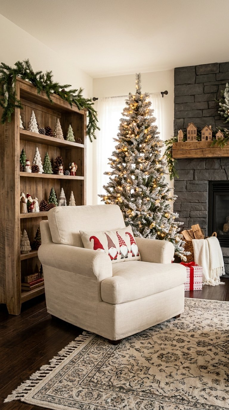 Fauteuil blanc devant un tapis crème à motifs sombres et sapin enneigé