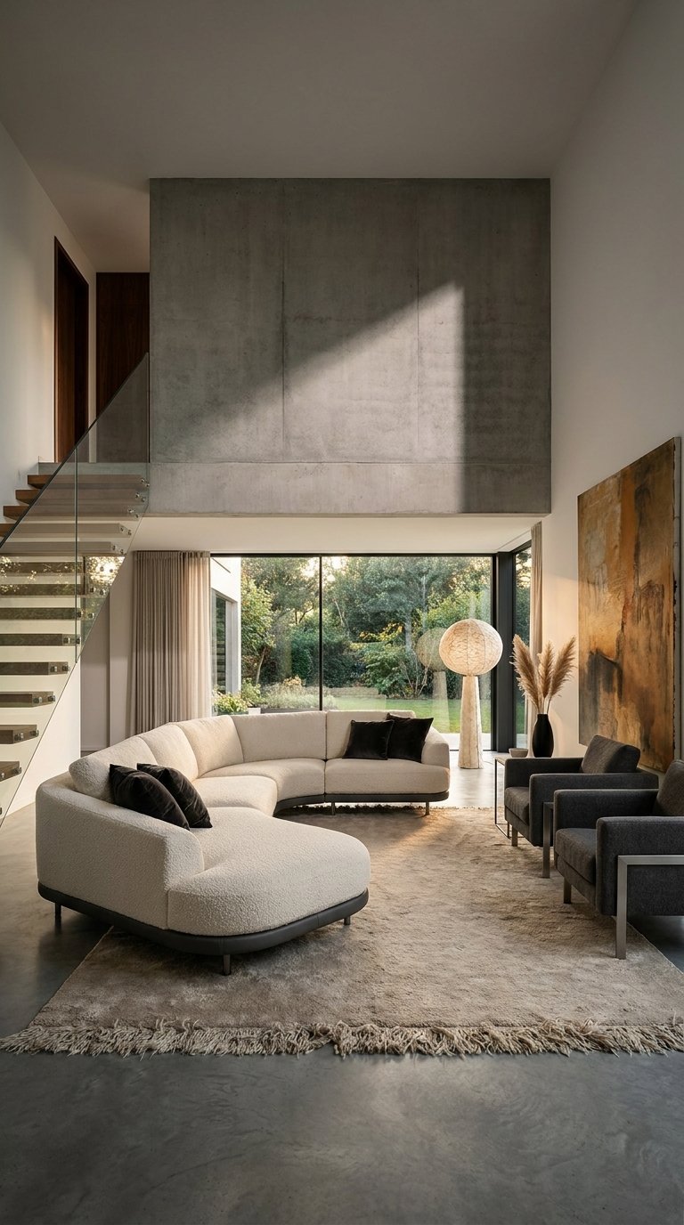 Vaste salon contemporain avec canapé courbe blanc et grand tapis beige grisé