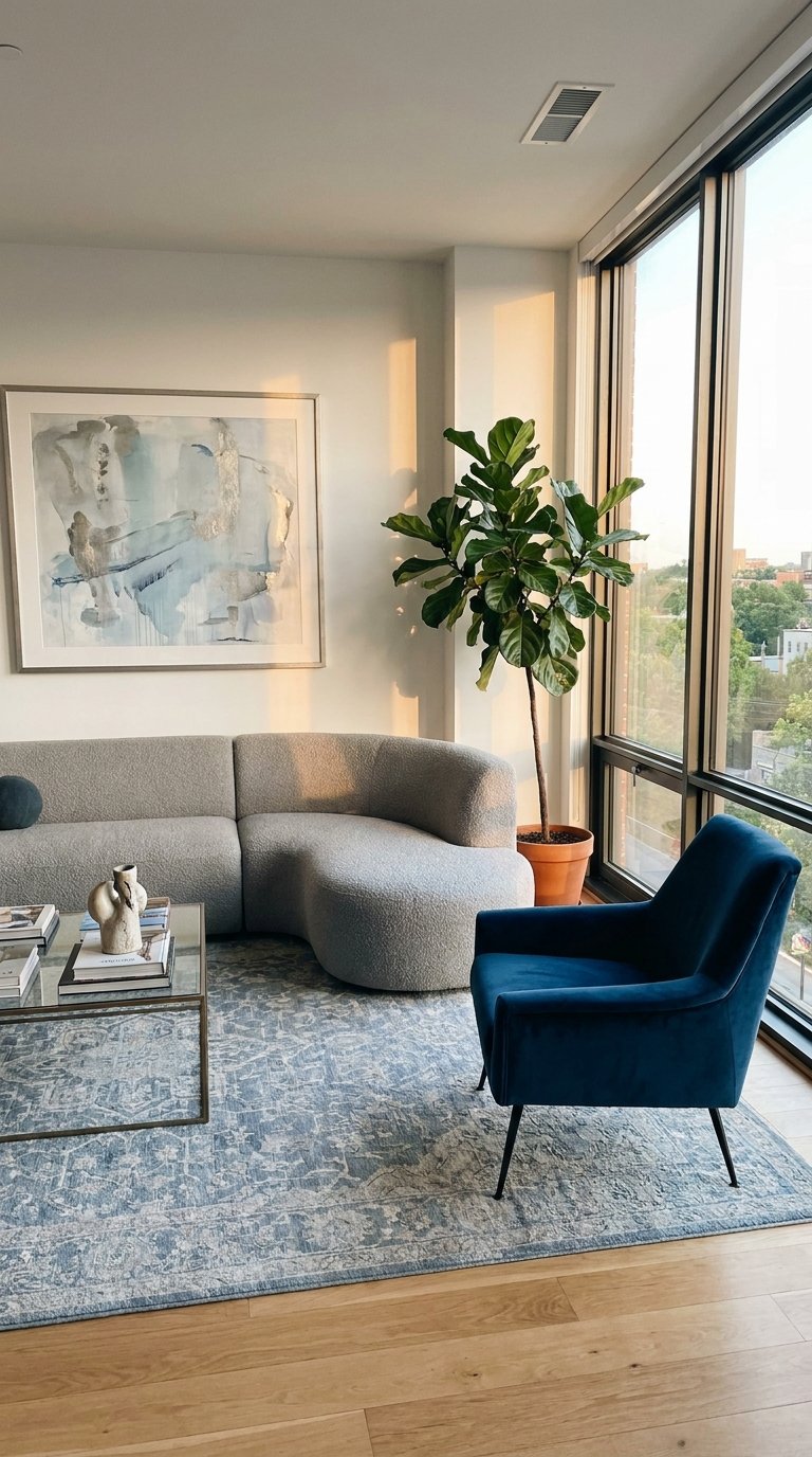 Salon vitré avec canapé gris courbe, fauteuil bleu et tapis bleu patiné