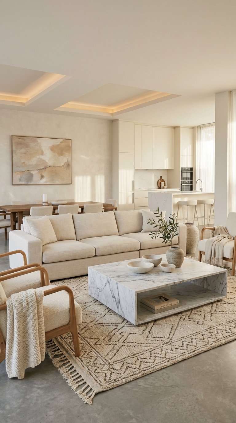 Salon ouvert beige avec table basse en marbre et tapis crème à motifs géométriques