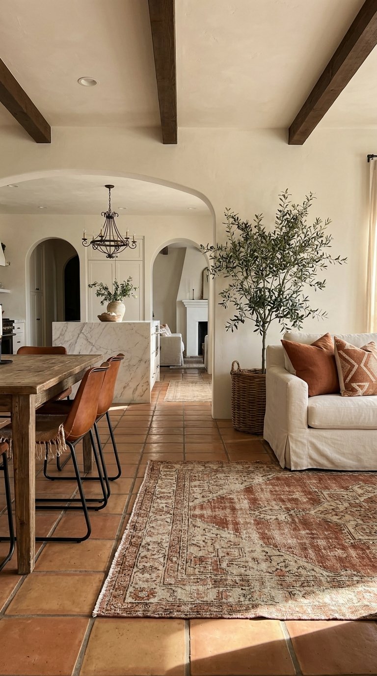 Pièce méditerranéenne avec canapé blanc et tapis vintage terracotta