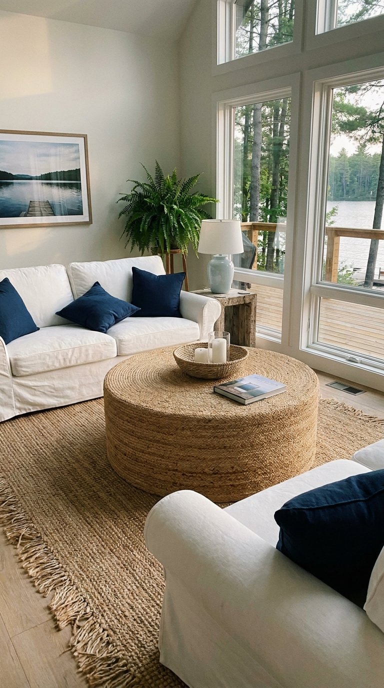 Salon blanc face au lac avec tapis en jute et table basse ronde tressée